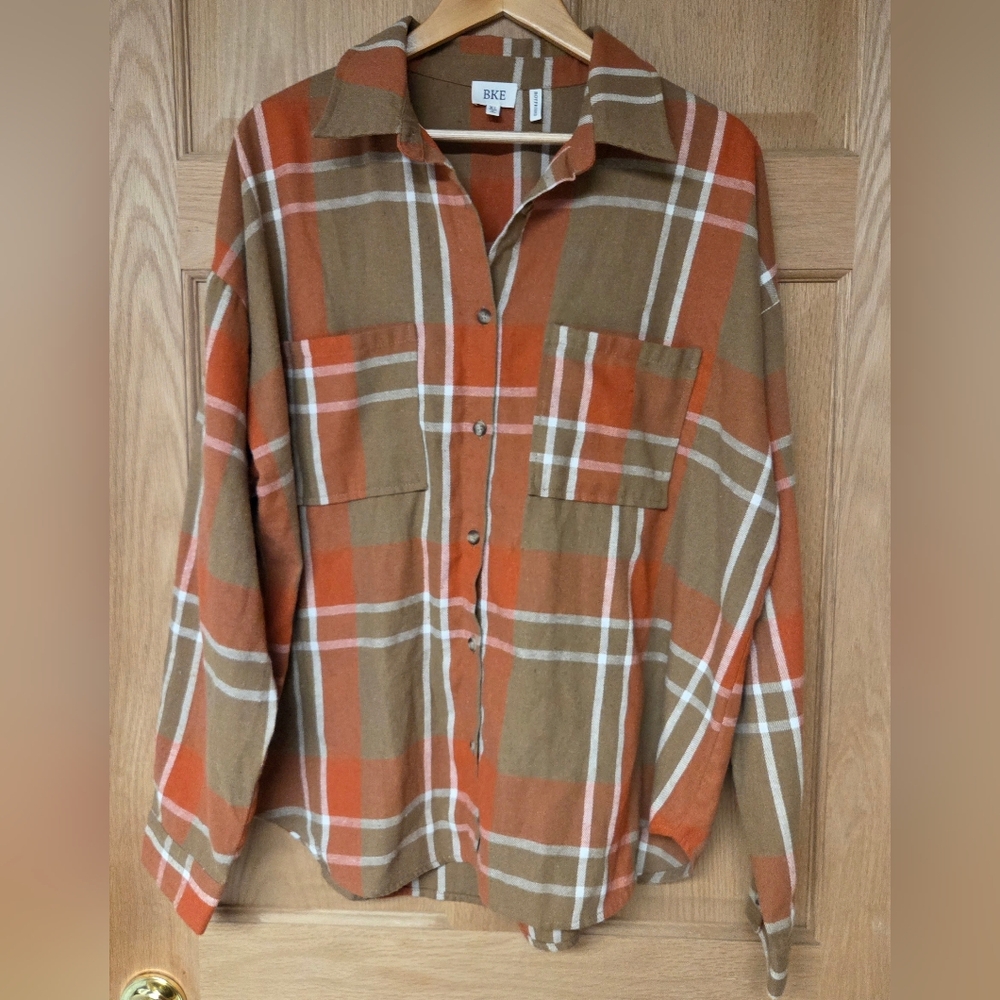 BKE‎ Women's Plaid Button Down Shirt in Orange and Brown Size XL